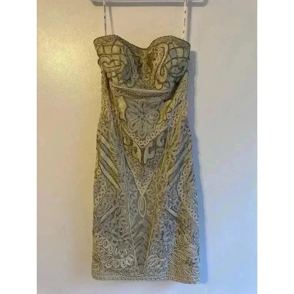 Sue Wong Nocturn Strapless Cocktail Beaded Soutache Mini Sheath Dress Beige 4 - Picture 4 of 10